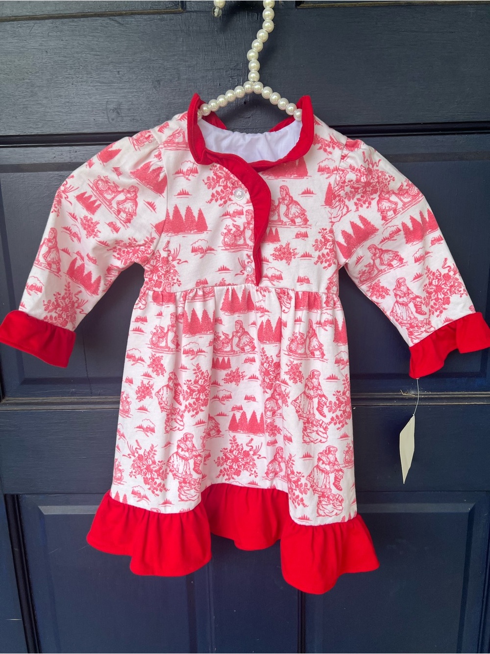 Red & White Christmas Toile Print Ruffle Dress